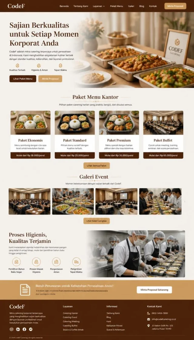 contoh desain website perusahaan catering B2B layout full page paket menu korporat