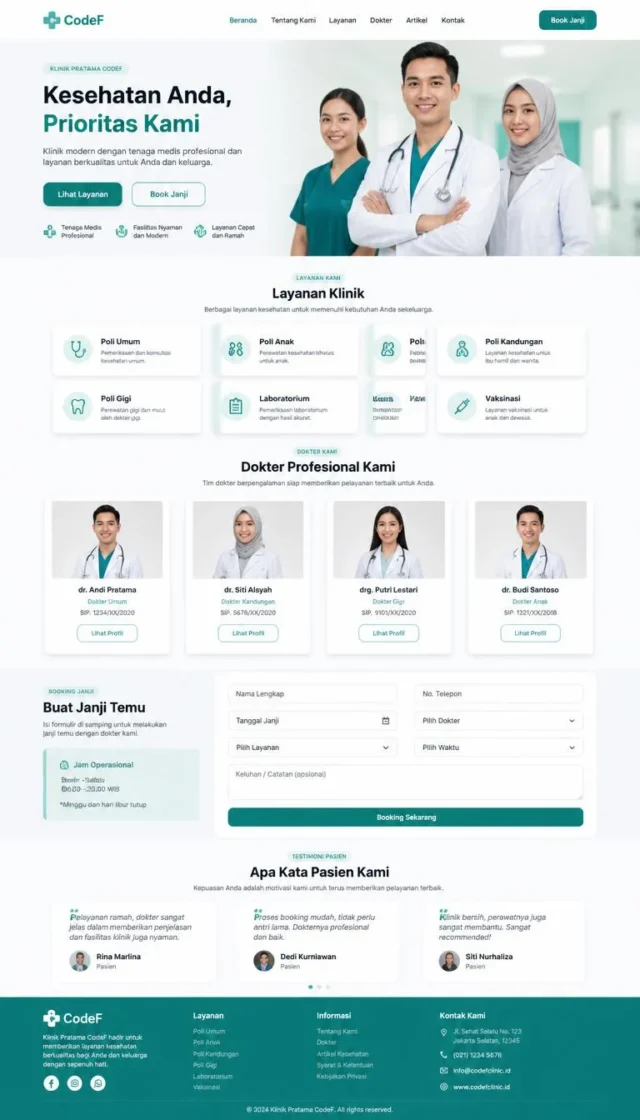 contoh desain website perusahaan klinik layout full page booking dan kartu dokter
