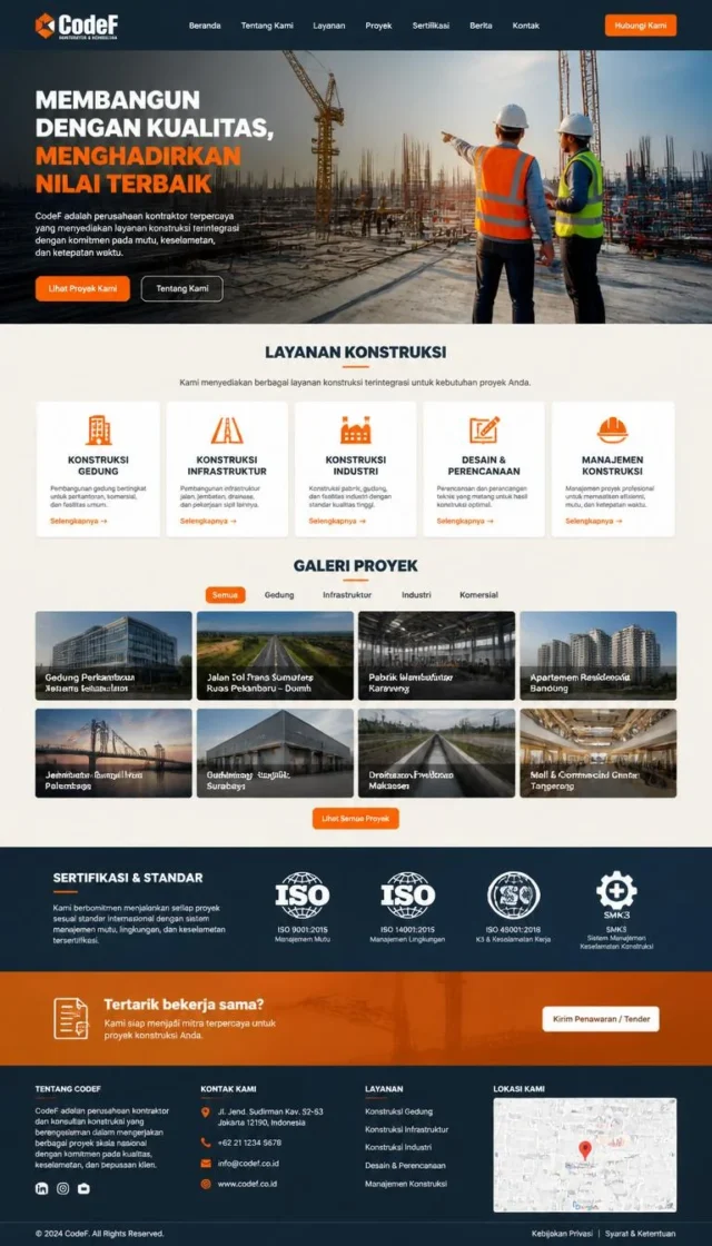 contoh desain website perusahaan kontraktor layout full page hero proyek dan galeri