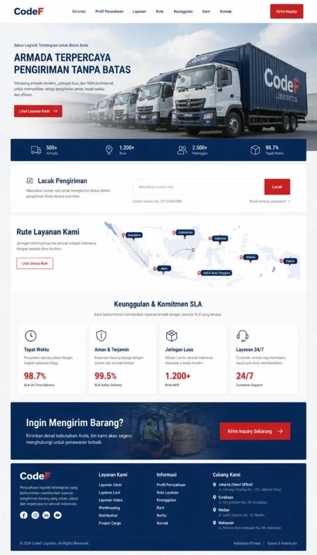 contoh desain website perusahaan logistik layout full page tracking dan armada