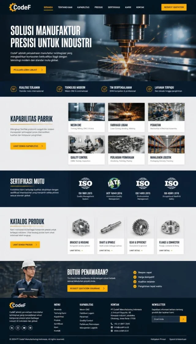 contoh desain website perusahaan manufaktur layout full page mesin dan sertifikasi