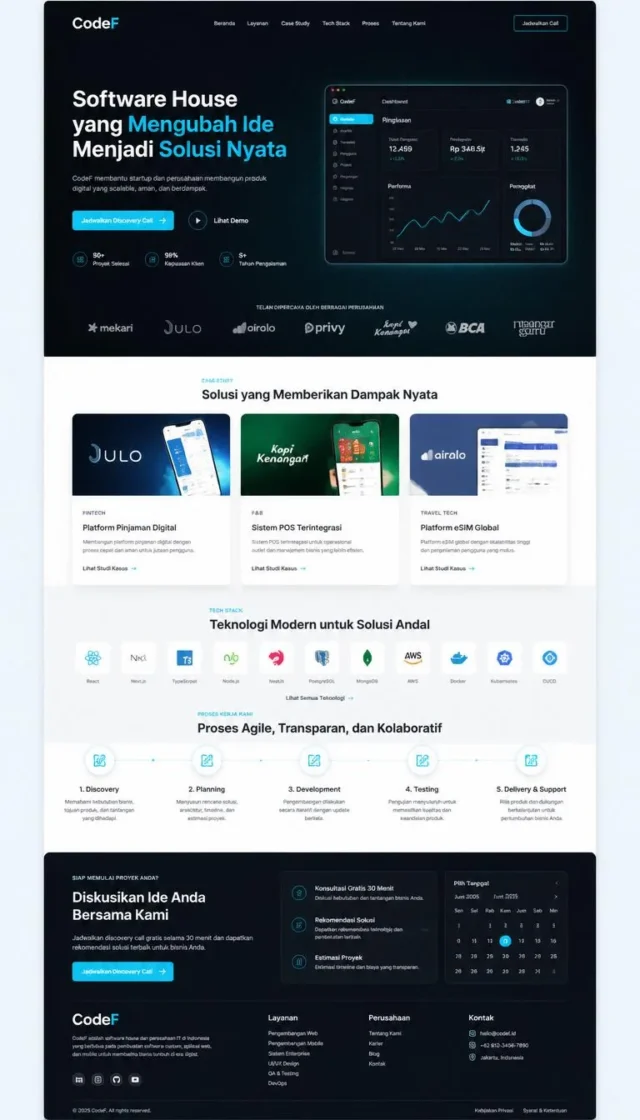 contoh desain website perusahaan software house layout full page case study dan tech stack