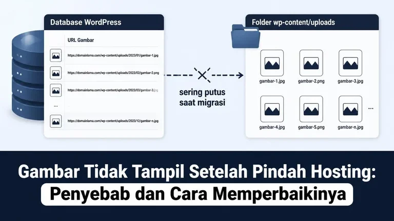 diagram penyebab gambar tidak tampil setelah pindah hosting antara database dan folder uploads WordPress diagram penyebab gambar tidak tampil setelah pindah hosting antara database dan folder uploads WordPress