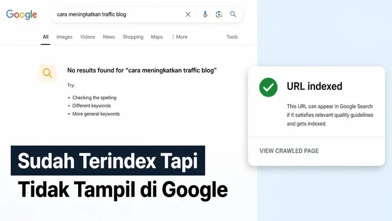 sudah terindex tapi tidak tampil di Google pada SERP kosong vs status indexed sudah terindex tapi tidak tampil di Google pada SERP kosong vs status indexed