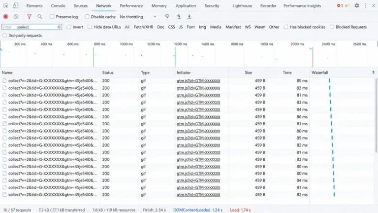 Chrome DevTools Network menampilkan request google-analytics.com/g/collect untuk verifikasi GA4
