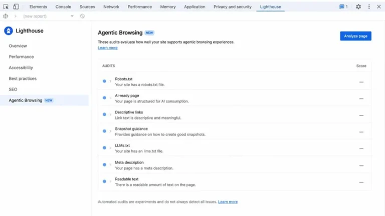 Lighthouse Agentic Browsing di Chrome DevTools untuk audit SEO AI agent pada website