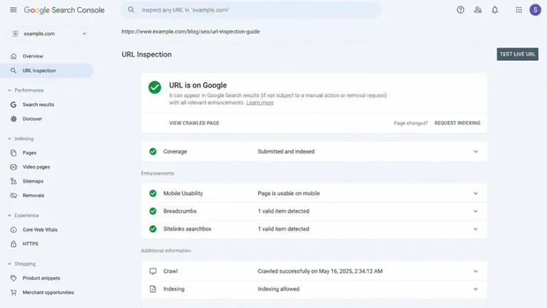 Panel URL Inspection Google Search Console untuk tes fetch sitemap