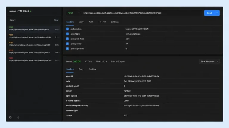 contoh request HTTP/2 Laravel ke endpoint sandbox APNs push notification