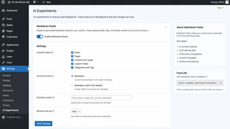Pengaturan eksperimen Markdown Feed WordPress di menu Settings AI